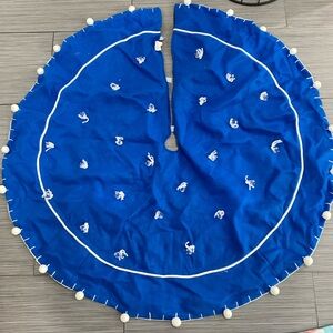 Blue Tree Skirt with White Pom Poms and rhinestones 48”